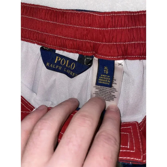 Polo Ralph Lauren‎ Lined Swim Trunks Mens XL Tie Dye Ombré Red White Blue USA - Picture 7 of 8
